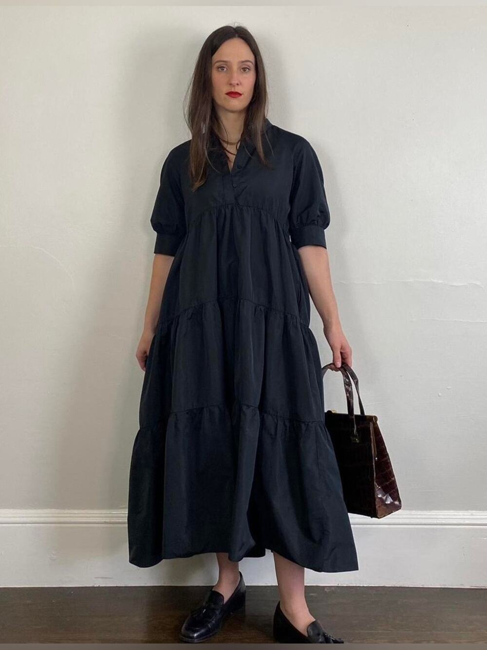 Zara M Puff Sleeve Black Tiered Maxi Dress
